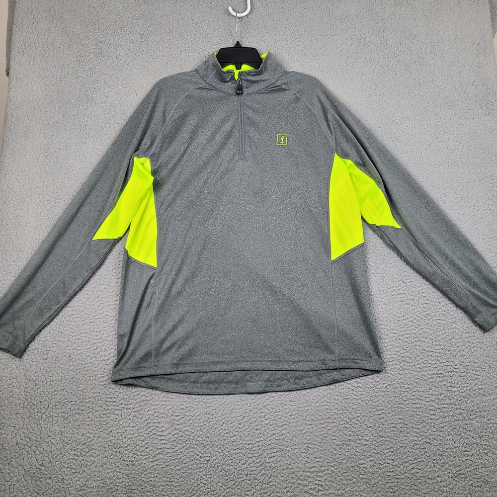 PGA Tour Mens XL 1/4 Zip Pullover Gray Neon Yellow Active Golf Shirt Back Pocket